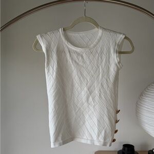Balmain Paris Sleeveless White Knit Top with Gold Side Button Detail
